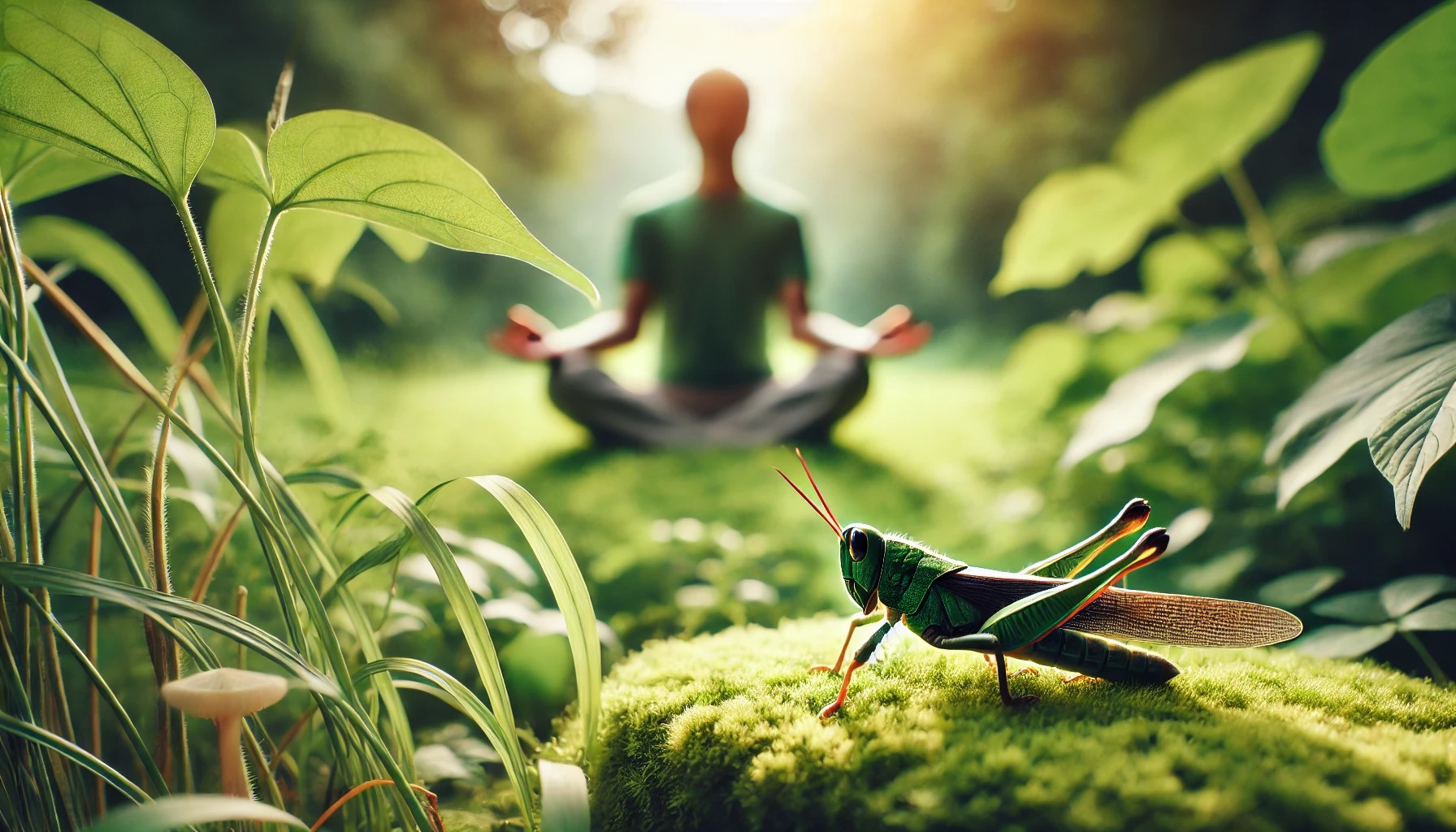 Person-meditating-in-nature-with-a-grasshopper-nearby